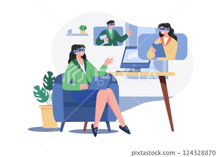 Businesswoman puts on VR glasses for online meeting metaverse virtual reality technology at home 124328870
