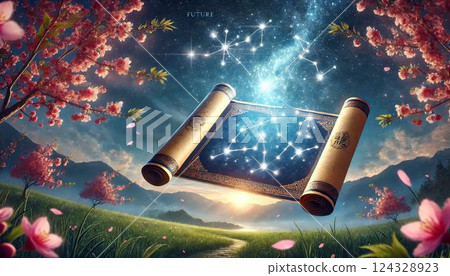 Future constellations appearing on a celestial scroll Future constellations appearing on a celestial scroll 124328923