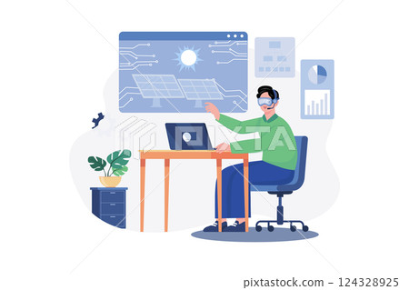 A male engineer is wearing a virtual reality headset to check solar panel projects in the office A male engineer is wearing a virtual reality headset to check solar panel projects in the office 124328925