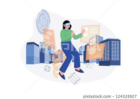 Hologram city in a virtual world. Experience Metaverse concept Hologram city in a virtual world. Experience Metaverse concept 124328927