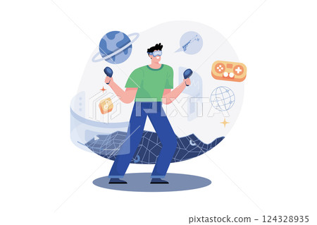 A man having fun playing metaverse VR virtual reality glasses A man having fun playing metaverse VR virtual reality glasses 124328935