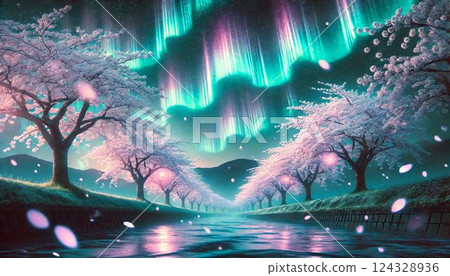 An aurora-like spring breeze envelops the cherry blossoms at night An aurora-like spring breeze envelops the cherry blossoms at night 124328936