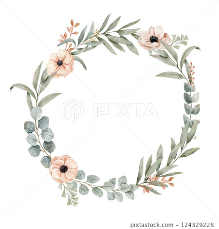 Watercolor hand drawn frame with a eucalyptus and others branchesand branches, anemones on a peach pink color. Watercolor hand drawn frame with a eucalyptus and others branchesand branches, anemones on a peach pink color. 124329228