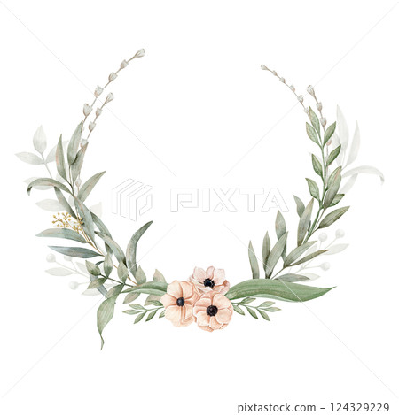 Watercolor hand drawn frame with a eucalyptus and others branchesand branches, anemones on a peach pink color. Watercolor hand drawn frame with a eucalyptus and others branchesand branches, anemones on a peach pink color. 124329229