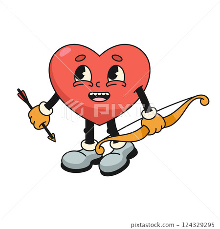 Vector heart with bow and arrow. Retro icon of character with face. Anthropomorphic personage for Valentines day or love holiday. Marriage and wedding sign. Romantic and affection person. Cupid. 124329295