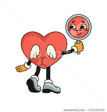 Heart character with wings holding mirror. Vector icon of anthropomorphic love symbol holding looking glass. Love and affection, relationship, sentiment sign. Personality for lover holiday. Valentine. Heart character with wings holding mirror. Vector icon of anthropomorphic love symbol holding looking glass. Love and affection, relationship, sentiment sign. Personality for lover holiday. Valentine. 124329319
