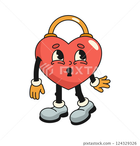 Lock in shape of heart retro icon. Vector love character for loyalty and lover trust sign. Isolated anthropomorphic person for Valentines day or lover holiday. Relationship and loving emoji. Vintage. Lock in shape of heart retro icon. Vector love character for loyalty and lover trust sign. Isolated anthropomorphic person for Valentines day or lover holiday. Relationship and loving emoji. Vintage. 124329326