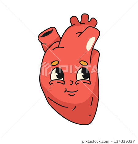 Heart organ with facial expression. Vector retro icon of character for love symbol or loving emotion emblem. Anthropomorphic sign with facial expression for anatomy and healthy lifestyle. Pop art. Heart organ with facial expression. Vector retro icon of character for love symbol or loving emotion emblem. Anthropomorphic sign with facial expression for anatomy and healthy lifestyle. Pop art. 124329327