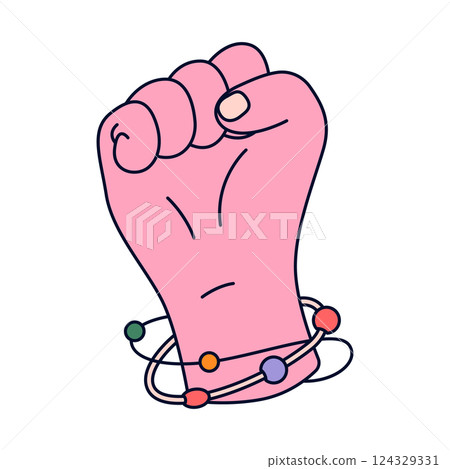 Vector isolated female or woman power fist. Symbol of women strength and feminism, activism and gender rights struggle, femininity message. Equality and justice, resistance, solidarity element. 124329331