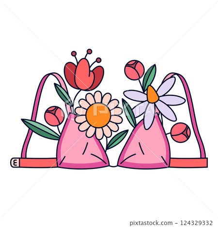 Female bra with flowers. Vector underwear or intimate wear. Lingerie with floral elements. Symbol of femininity and lady beauty, girl comfort and women fashion. Apparel and romantic boutique branding Female bra with flowers. Vector underwear or intimate wear. Lingerie with floral elements. Symbol of femininity and lady beauty, girl comfort and women fashion. Apparel and romantic boutique branding 124329332