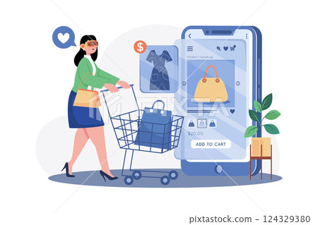 Lady Doing Online Shopping Using VR Glasses 124329380