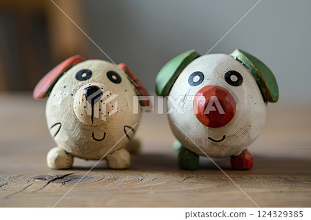 A funny wooden sculpture of two dogs 124329385