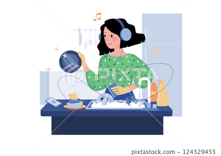 Women Listen To The Podcast While Washing Dishes 124329455