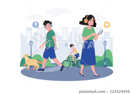 People Listen To Podcasts While Walking On The Street 124329456
