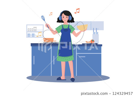 Women Listening To The Podcast While Cooking 124329457