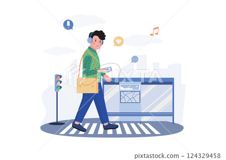 Man Listening To The Podcast While Walking To Work 124329458