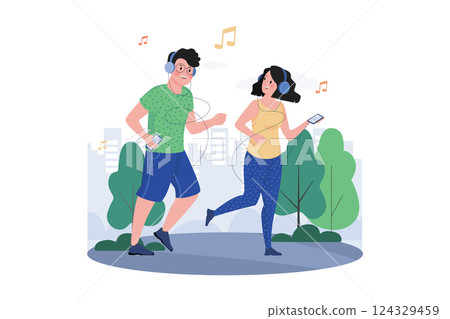 Couple Listening To The Podcast While Jogging In The Park 124329459