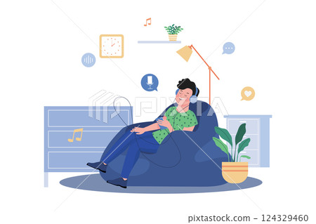 Man Sitting On The Sofa And Listening To The Podcast 124329460