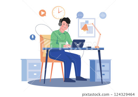 Man Listening To The Podcast While Working Man Listening To The Podcast While Working 124329464