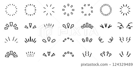代表意識或強調的圖示。一組手繪的射線或太陽光的向量插圖。 代表意識或強調的圖示。一組手繪的射線或太陽光的向量插圖。 124329489