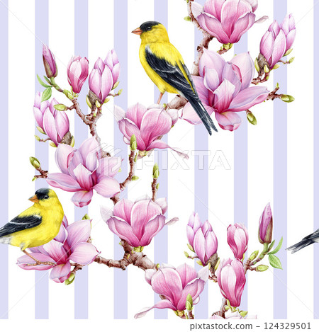 Springtime magnolia pink flowers with goldfinch birds seamless pattern watercolor illustration. Hand drawn vintage style spring tender blossoms floral decor on lavender stripe background 124329501