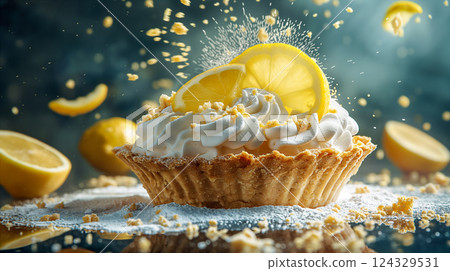 Lemon pie topped with whipped cream and fresh lemon slices on a dark table. Generative AI 124329531