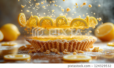 Lemon pie topped with whipped cream and fresh lemon slices on a dark table. Generative AI 124329532