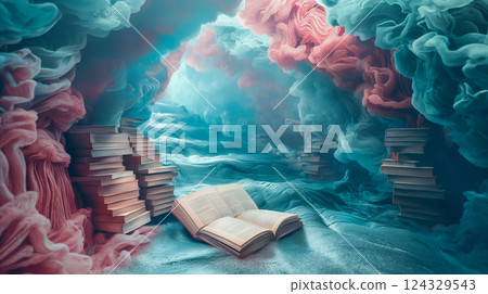 A surreal library with floating books surrounded by colorful mist, creating a dreamlike atmosphere. Generative AI A surreal library with floating books surrounded by colorful mist, creating a dreamlike atmosphere. Generative AI 124329543