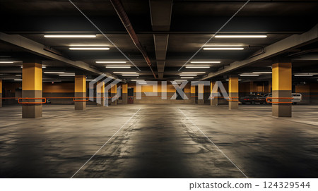Brightly lit empty parking garage with yellow columns, concrete flooring background. Generative AI Brightly lit empty parking garage with yellow columns, concrete flooring background. Generative AI 124329544