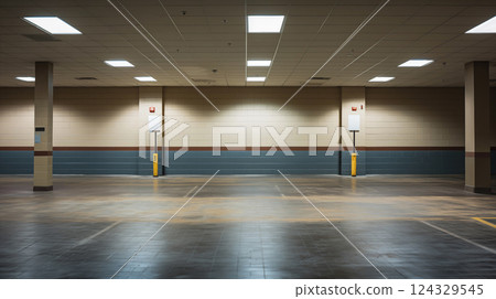 Brightly lit empty parking garage with yellow columns, concrete flooring background. Generative AI Brightly lit empty parking garage with yellow columns, concrete flooring background. Generative AI 124329545