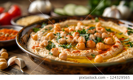 Deliciously creamy hummus topped with olive oil, herbs, and spices on a rustic table. Generative AI 124329565