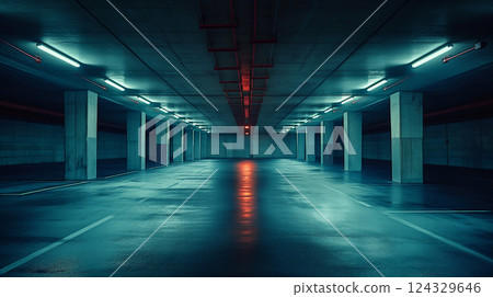 Spacious Modern Underground Car Parking Area With Concrete Structure, Bright Lighting. Generative AI 124329646