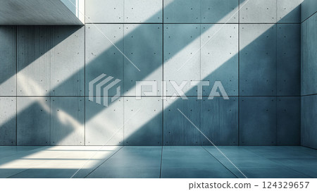 Sunlight Casting Shadows Across Concrete Wall in Modern Museum Interior. Generative AI 124329657