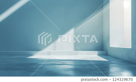 Soft sunlight streams through large window in empty, modern room, abstract background. Generative AI 124329670