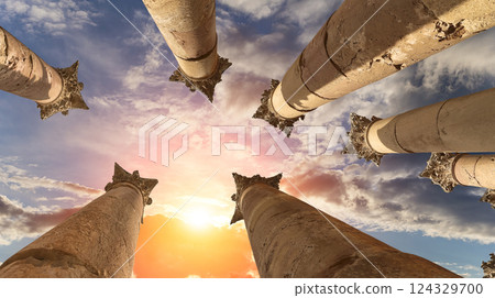 Roman Columns in the Jordanian city of Jerash (Gerasa of Antiquity), capital and largest city of Jerash Governorate, Jordan. Against the background of a beautiful sky with clouds Roman Columns in the Jordanian city of Jerash (Gerasa of Antiquity), capital and largest city of Jerash Governorate, Jordan. Against the background of a beautiful sky with clouds 124329700