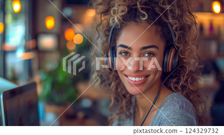 Smiling woman with headphones working on a laptop in a cozy cafe setting. Generative AI 124329732