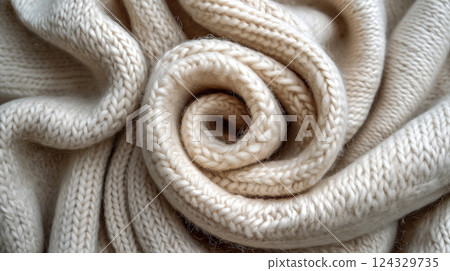 Cozy white knitted fabric swirls around creating soft, inviting textures. Generative AI 124329735