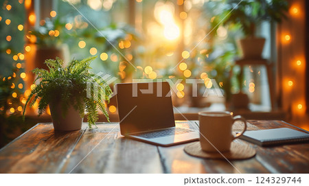 Stylish home office setup illuminated by warm lights during evening hours. Generative AI Stylish home office setup illuminated by warm lights during evening hours. Generative AI 124329744