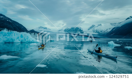 Exploring icy fjords while kayaking amidst majestic glaciers. Generative AI 124329751