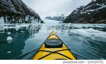 Exploring icy fjords while kayaking amidst majestic glaciers. Generative AI Exploring icy fjords while kayaking amidst majestic glaciers. Generative AI 124329752