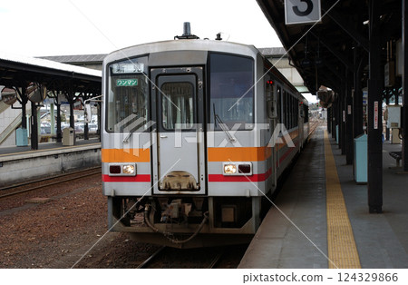 A local one-man train stopped at a rural station 124329866