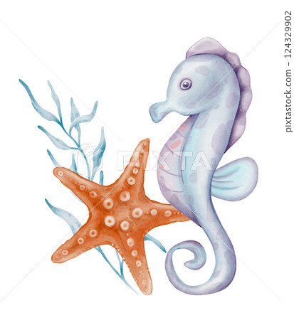 Cute seahorse with algae and a starfish. Underwater Animal. Hand drawn watercolor illustration of undersea life for nursery, wall sticker, baby shower, book. Hand drawn small tropical seahorse fish. Cute seahorse with algae and a starfish. Underwater Animal. Hand drawn watercolor illustration of undersea life for nursery, wall sticker, baby shower, book. Hand drawn small tropical seahorse fish. 124329902