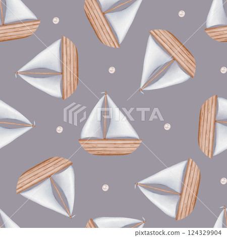 Watercolor seamless pattern of illustrations of sailboat and pearl on isolated. Hand drawn sea horse in blue violet pastel color. Repeat ornament Drawing of in nautical style 124329904