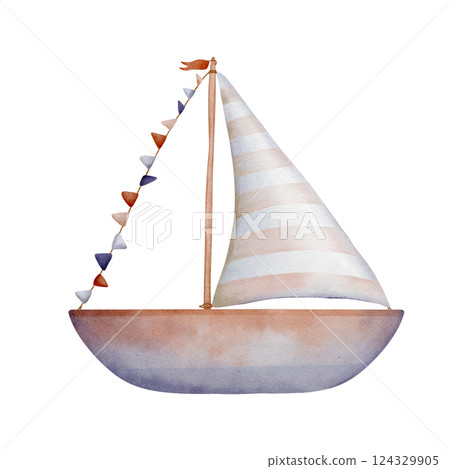 Watercolor illustration sailboat. Hand drawn flair sea boat with multicolor flags and beige striped isolated on background for babes production. Sketch of Boat or Sailing ship for childish design 124329905
