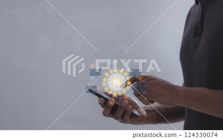 Young man hand using smartphone to Interconnect, Interconnected Concept 124330074