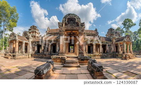 Ancient temple ruins surrounded by lush greenery under a bright blue sky in Cambodia. Generative AI 124330087