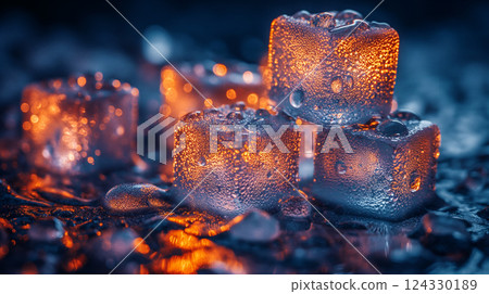 Illuminated ice cubes stacked on top of each other on dark background. Generative AI 124330189