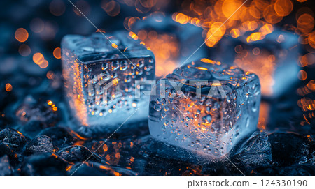 Illuminated ice cubes stacked on top of each other on dark background. Generative AI 124330190