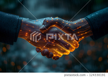 Businessman shaking hands with glowing digital overlay in futuristic urban background. Generative AI 124330191