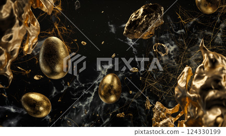 Golden Easter eggs on black background, Easter luxury concept background. Generative AI 124330199